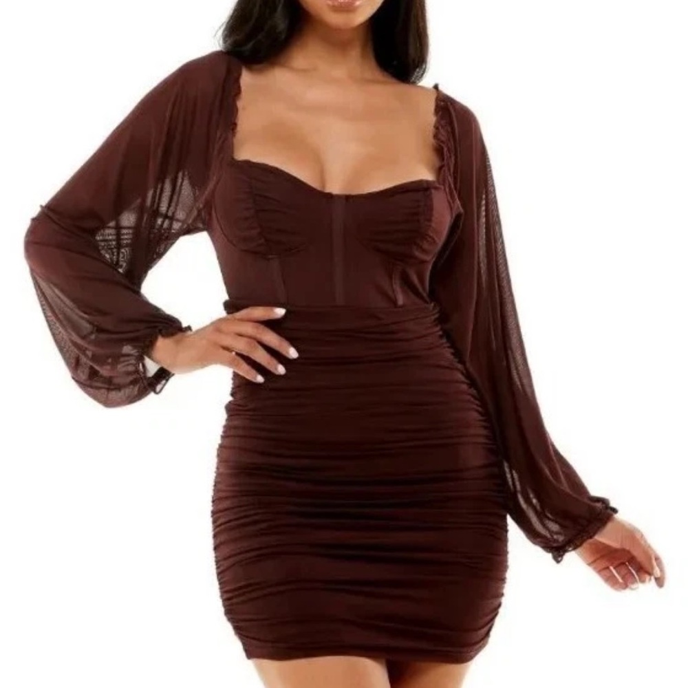 Almost Famous Brown Mesh-Sleeve Ruched Bodycon Dress NWT